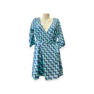 Peppermint Women's Multicolor Chevron 3/4 Slv Faux Wrap Belted Lined Dress SZ L